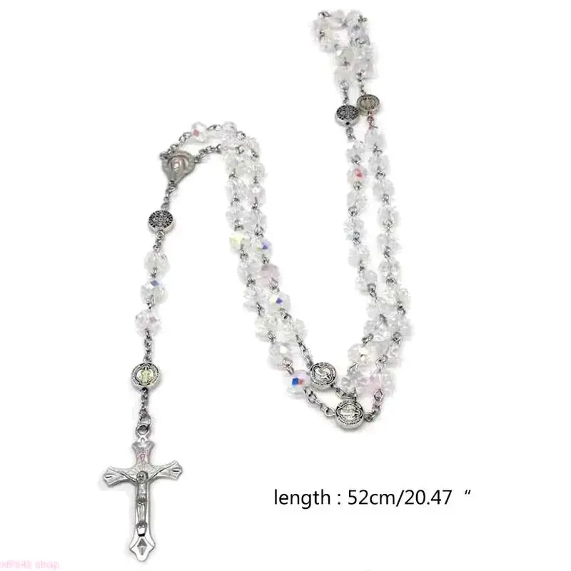 Crystal Beaded Cross Pendant Necklace, Classic Catholic Religious Long Chain Jewelry, Exquisite Beaded Pendant Accessory for Adults, Elegant Ornament and Thoughtful Gift for Baptism Ceremony, Daily Wear & Special Holiday for Women homedecor