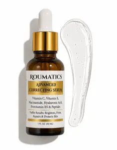 ROUMATICS Advanced Correcting Serum with Vitamin C E Niacinamide Hyaluronic Acid Provitamin B5 & Peptides. It corrects multiple signs of aging including fine lines wrinkles dark spots discoloration and loss of firmness