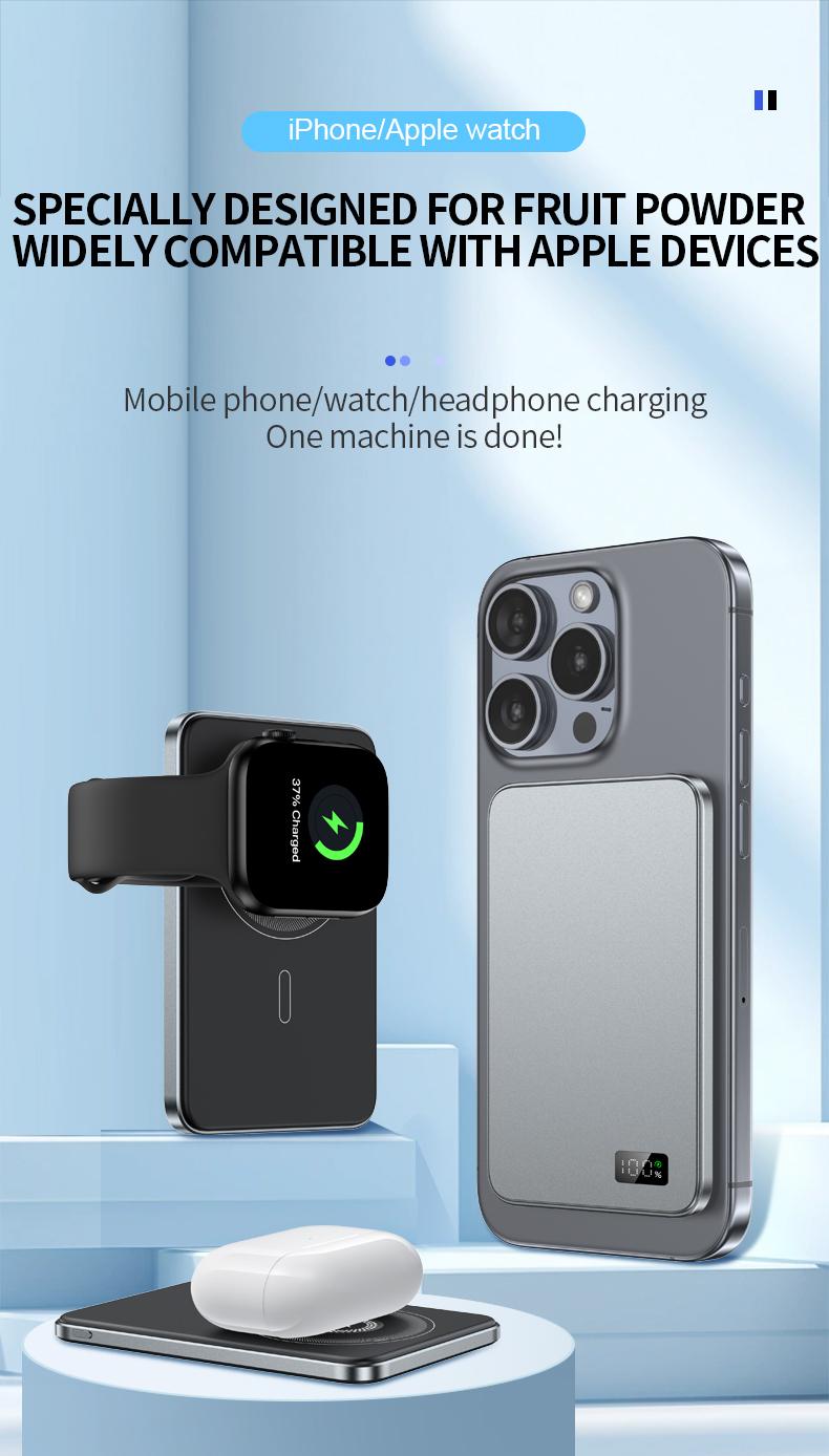 WESECUU 3-in-1 Wireless Power Bank 5000mAh 15W Fast Charging Ultra-Strong Magnets Metallic Body Design Compatible with MagSafe iPhone Models