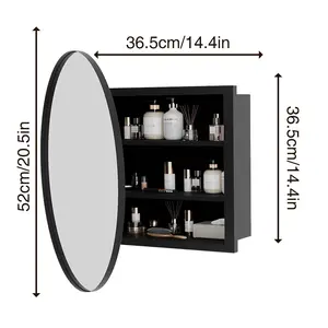 Pre-Assembled Iron Circular Form Mirror Cabinet, Wall-Mounting Single-Door Unit with Adjustable Shelf, Magnetic Lock, Modern Indoor Storage Cupboard Furniture