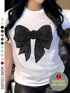 Women's Glitter Bow Print Short Sleeve Tee, Casual Round Neck T-shirt for Daily Wear, Ladies Sleepwear for All Seasons, Top