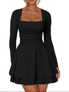 Women's Square Neck Long Sleeve Elegant Dress, Womenswear, Waist Cinched Ruched Design, Double Layer Umbrella Skirt, Perfect for Dates, Parties, Formal Wear and Evening, Chic