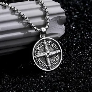 Vintage Compass Pendant Necklace for Men Stainless Steel Punk Hip Hop Jewelry Gift