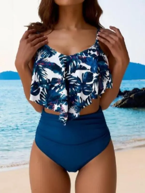 Women's Summer Tropical Allover Print Ruffle Halter Tankini Set - High-Waisted Slim Bottoms, Conservative Coverage, Anti-Ultraviolet Beach Swimwear for Tropical Vacations, High Waisted Swimsuit