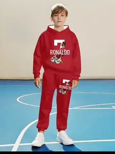Boys' Football Fan Exclusive Set, 3D Full-Print Hooded Sweatshirt, Sporty Casual Sweatpants Two-Piece Set, Spring & Fall