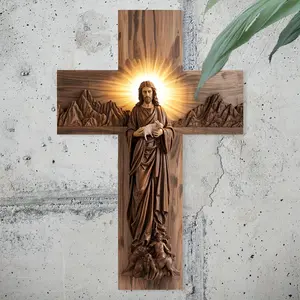 2D Flat, 2D Flat Print Cross Wall Art - 5.9x8.2 inch Christian Decor, Exquisite Carved Figures and Mountain Backdrops, Faux Wood Religious Wall Hanging, Interior Living Room, Christmas, Easter, Halloween, Thanksgiving, Reaper - Inspiring Home Decor,