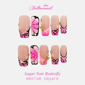 Fullovenail Medium Square 10 PCS Sugar Noir Elegance Handmade Press on Nail REUSABLE 3D Gel Fake Nails Acylic Press on Nail/Christmas Autumn Fall Winter Peret 2025