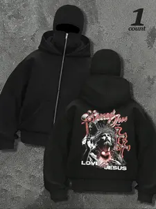 Men's Jesus Print Zip Up Hooded Jacket, Casual Regular Fit Long Sleeve Zip Front Outerwear for Fall & Winter, Men's Clothes for Daily Wear, Sweatshirts