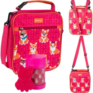 Kids Complete Lunch Box Tote Kit: Insulated Sleeve w Convertible Backpack Strap  13oz Food Jar Container  and Reusable Hard Ice Pack - PVC-Free