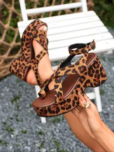 Women's Platform Wedge Sandals, Leopard Print & Crisscross Toe Loop Heels, Ankle Strap Summer Shoes, Sexy Textile Upper, Rubber Sole