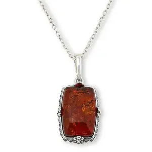 Amber Extraordinaire Sterling Silver Rectangular Pendant and 18" Chain