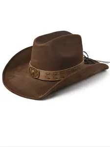 Vintage Western Cowboy Hat for Men and Women, Felt Wide Brim Sun Hat with Bull Head Buckle, Street Style Outdoor Hat, High Quality Hat, Casual Sun Hat