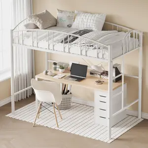 Twin Loft Bed – Heavy Duty Metal Frame with Arched Guardrail and Safety Ladder  Space-Saving White Bedroom Furniture Apartment Furniture