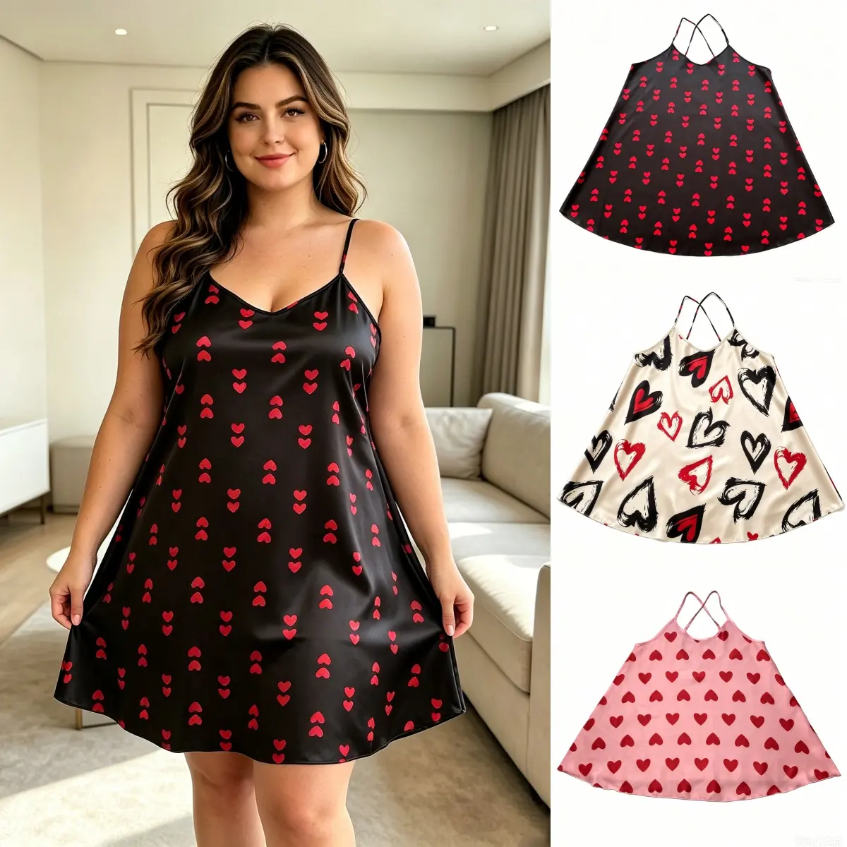 3 Pack Plus Size Women Silk Satin Night Dress Heart Pattern Adjustable Thin Straps A Line Loose Babydoll Nightgown Casual Loungewear Set,Brand Women Loose A Line Satin Night Dress Heart Print Adjustable Straps Lounge Gown  Nightwear Womenswear night gown