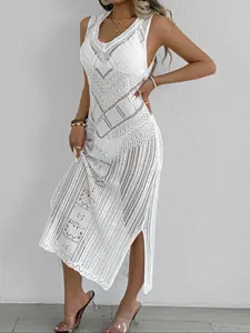 Women's Solid Color Crochet Hollow Out Cover Up Dress, Casual Fashion Ribbed Knit Cover Up Dress for Beach Holiday Vacation, Ladies Clothes for All Seasons