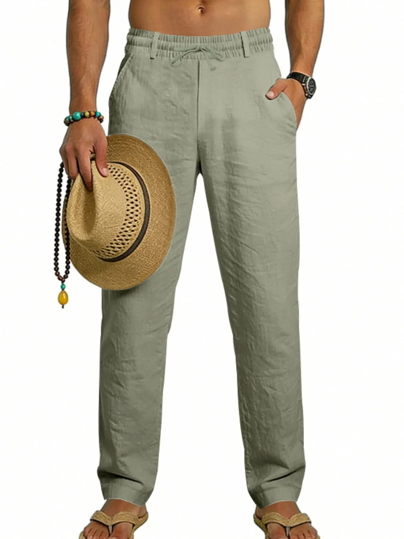 Men's Linen Sporty Loose Fit Vacation Commute Breathable Straight Leg Drawstring Long Pants, European and American Style, Cross-Border Driver, Casual Streetwear Travel Bottoms