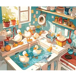 1PC  Diamond Painting Cute Ducks Kitchen Scene Diamond Painting Kit for Adults Kids DIY Full Drill Diamond Art Craft for Home Wall Decor Gift Idea