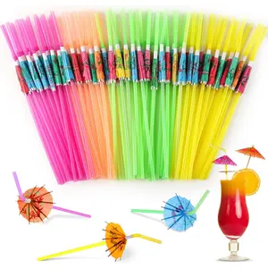 50 Pieces Umbrella Straws for Cocktails - Tropical Hawaiian Luau Party Decorations, Assorted Colors
