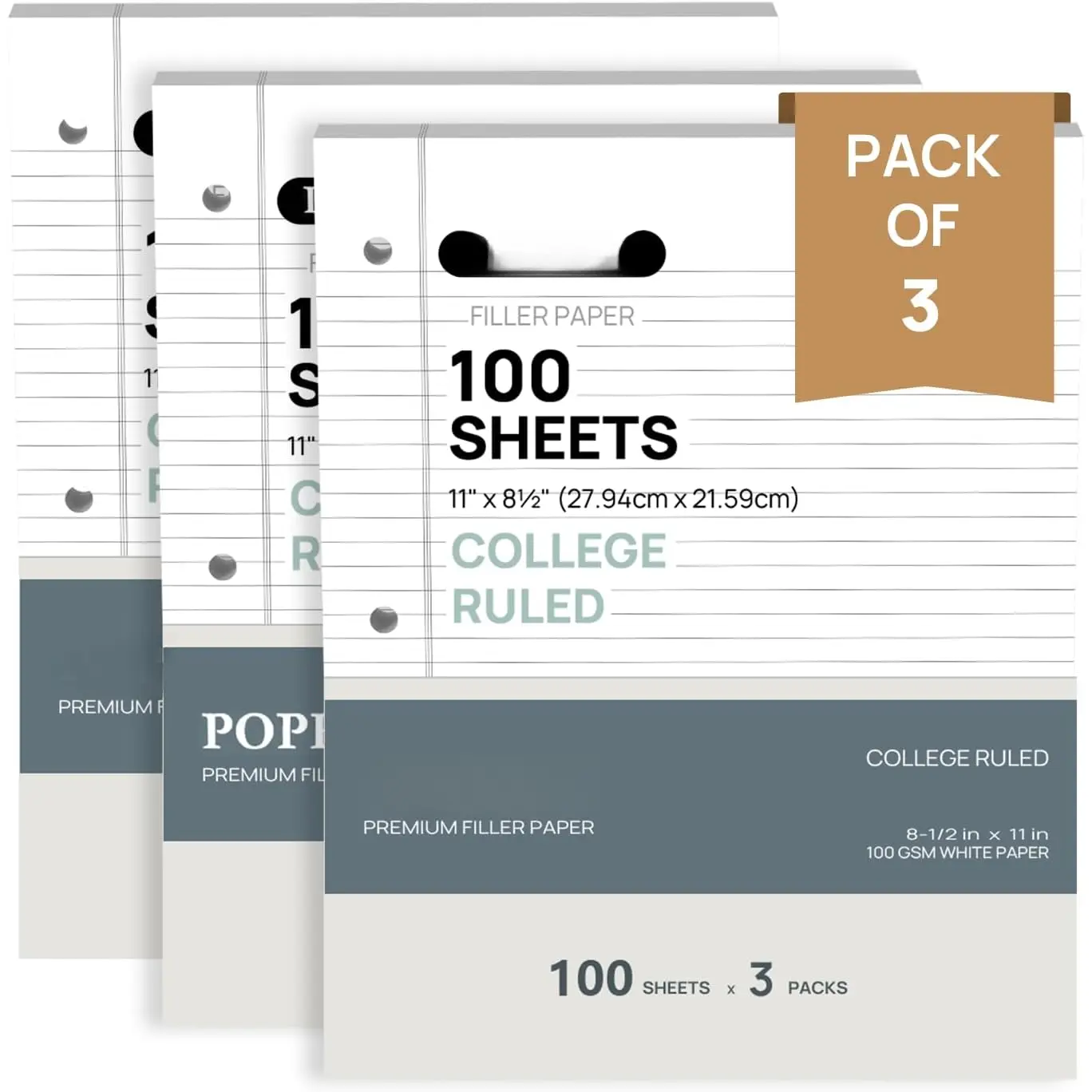 Loose Leaf Paper, 8.5" x11" College Ruled, 100GSM /  Grade Bulk Lined Filler Sheets, 3 Hole Punched for Binder Notebook, Office School Supplies, 3 Pack (300 Sheets)