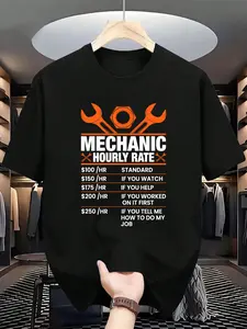 Men's Short Sleeve Fitted T-Shirt, Mechanic Hourly Rate Price List Print Design, Car Repair Workwear Casual Wear, Geometric Pattern, All Seasons
