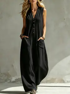 Women's Casual Sleeveless Romper, Summer V-Neck Tie-Front Long Pants, Comfortable and Stylish for Daily Wear
