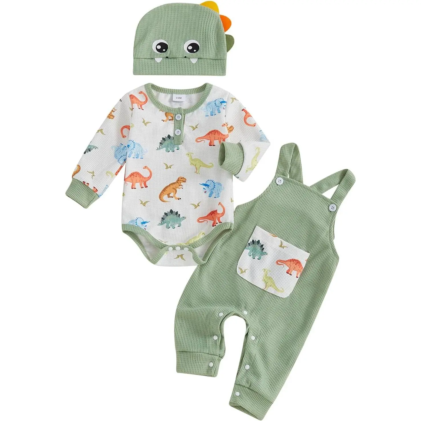 3-Piece Baby Boy's Outfit Set, Cute Cartoon Dinosaur Long Sleeve Romper, Overalls and Hat for Fall Spring, Dinosaurs, Affordable