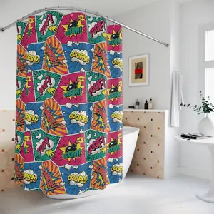 Pop Art Comic Shower Curtain | Colorful Superhero Bathroom Decor | Retro Kids Teen Bath Curtain