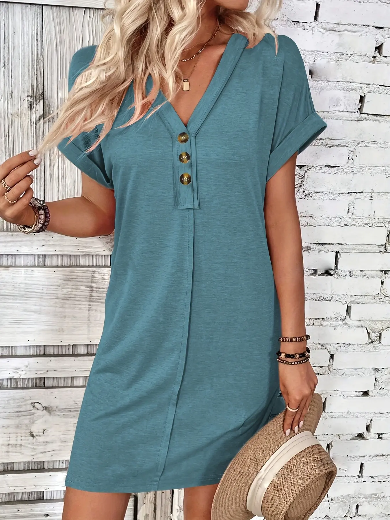 green emerald velvet dress Button-Accent Cotton Fit and Flare Dress – New York & Company main image 0