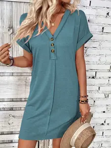 Women's Solid Color Button Front V-Neck Short Sleeve Fitted Dress, Casual Daily Wear, Valentine's Day, Elegant, Stylish and Comfortable