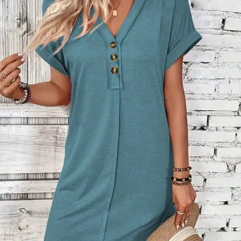 Women's Solid Color Button Front V-Neck Short Sleeve Summer Fitted Dress, Casual Daily Wear, Valentine's Day, Elegant, Stylish and Comfortable, Casual Chic Dress, Womenswear