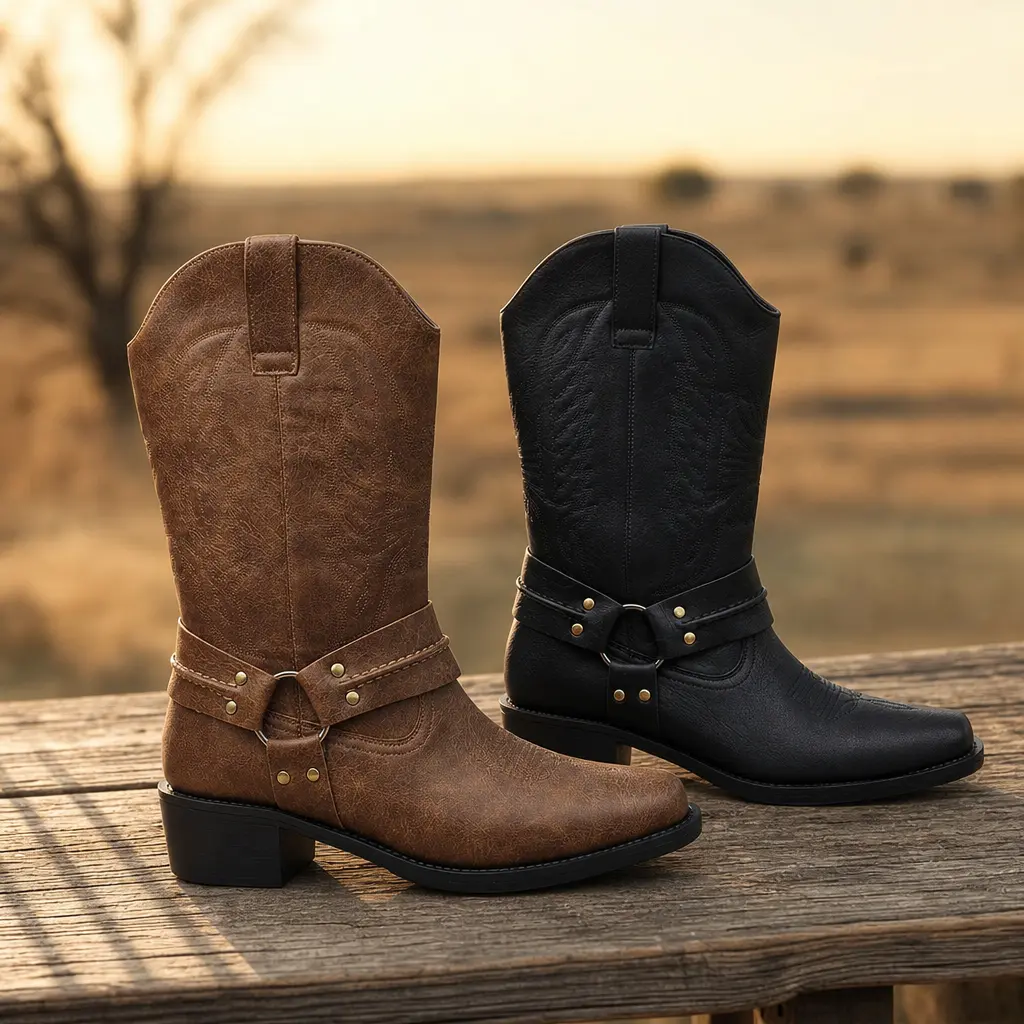 Men’s mid-calf Western cowboy boots with lacing and buckle design; outdoor casual, wear-resistant vintage boots for everyday fashion and commuting.
