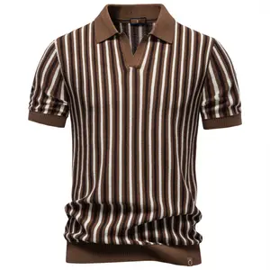 Men's Retro Short-Sleeve Striped Knit Polo Shirt - Slim Fit, Stylish, Soft Viscose Blend Fabric, Breathable Menswear Casual Business Top