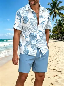 Men's 2-Piece Regular Clothing Set - 100% Polyester Short-Sleeve 3D-Print Turn-Down Collar Buttoned Shirt & Drawstring Shorts with Pockets, Casual Spring Summer Wear, Shortsleeve, Buttons