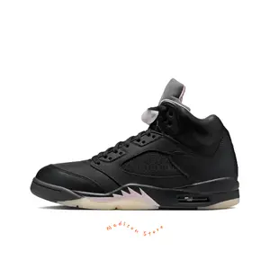Black Embossed Leather High-Top Retro Basketball Shoes with Light Pink Sawtooth and Translucent Off-White Outsole