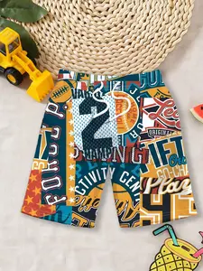 Boys' casual shorts "Vintage Letter Sports Print Style", quick-drying beach capri pants, comfortable, breathable and non-deformable, suitable for seaside vacations / daily water play / campus sports