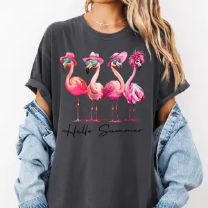 Hello Summer Flamingo Comfort Color Shirt, Women Graphic Trendy Tshirt,Summer Graphic Shirts,Women Oversized tops