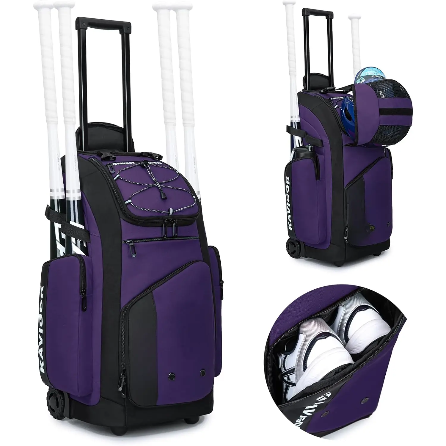 Rolling Baseball Bag with Wheels, 60L Capacity Softball Bag Holds 4 Bats for Boys and Girls, Youth Equipment Bag with Shoe Compartment