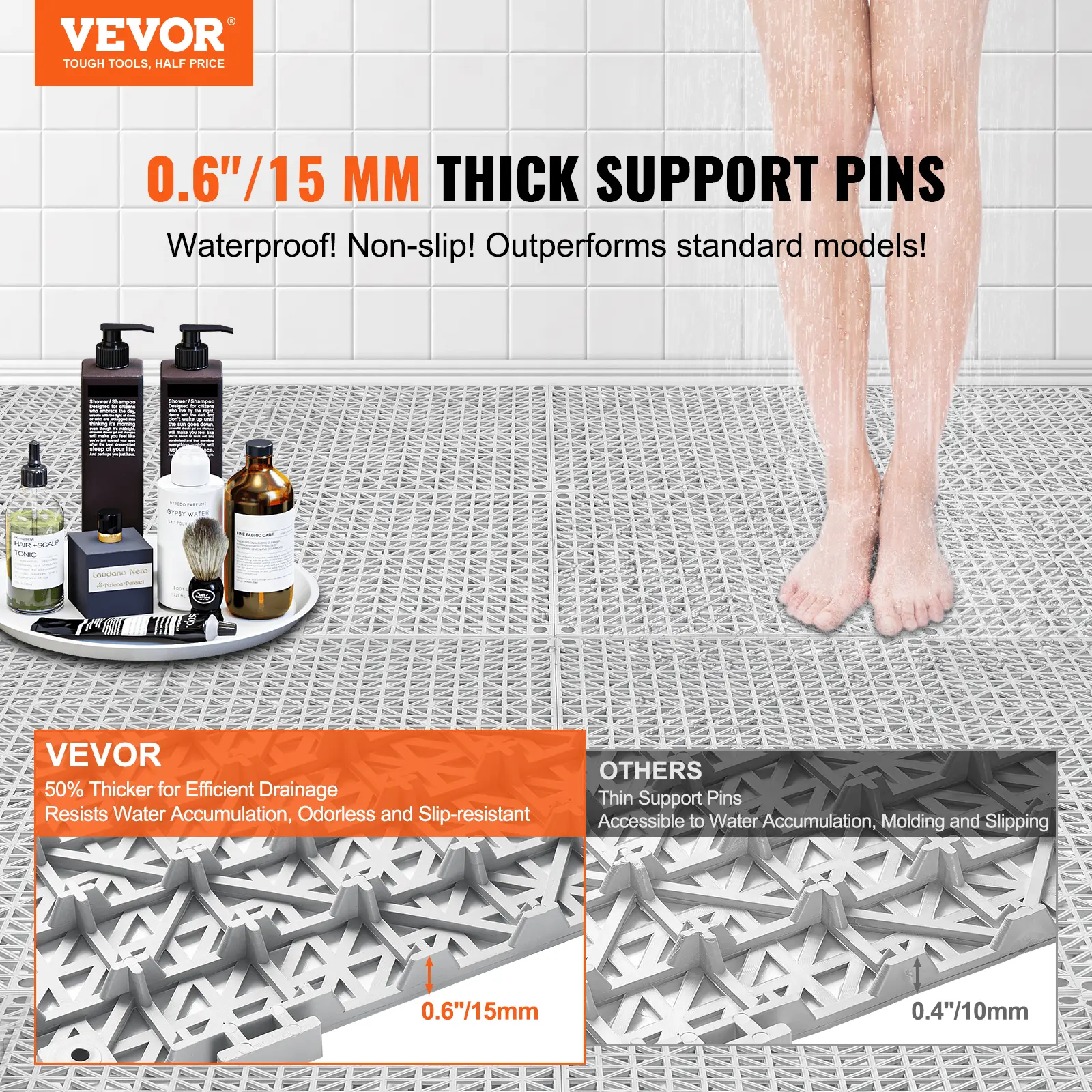 【summerfinds】VEVOR Interlocking Tile 50PCS Gray, Drainage Tiles 12" x 12" Splicing, Soft PVC Interlocking Drainage Floor Tiles, Non-Slip Drainage Holes for Restroom, Bathroom, Kitchen, Pool, Wet Areas