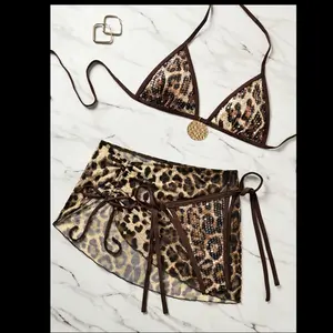 Sexy Leopard Sequin 3PC Bikini Set – Mesh Wrap Skirt Swimsuit Vacation Beachwear