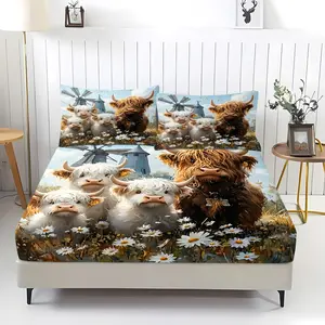 3Pcs Highland Cow Pastoral Style Printed Fitted Sheet Set, Healing Countryside Highland Cow Theme, Full-Wrap Elastic Non-Slip Fitted Sheet, Comfortable and Breathable, Perfect Bedding Set for Bedroom, Homestay and Apartment.