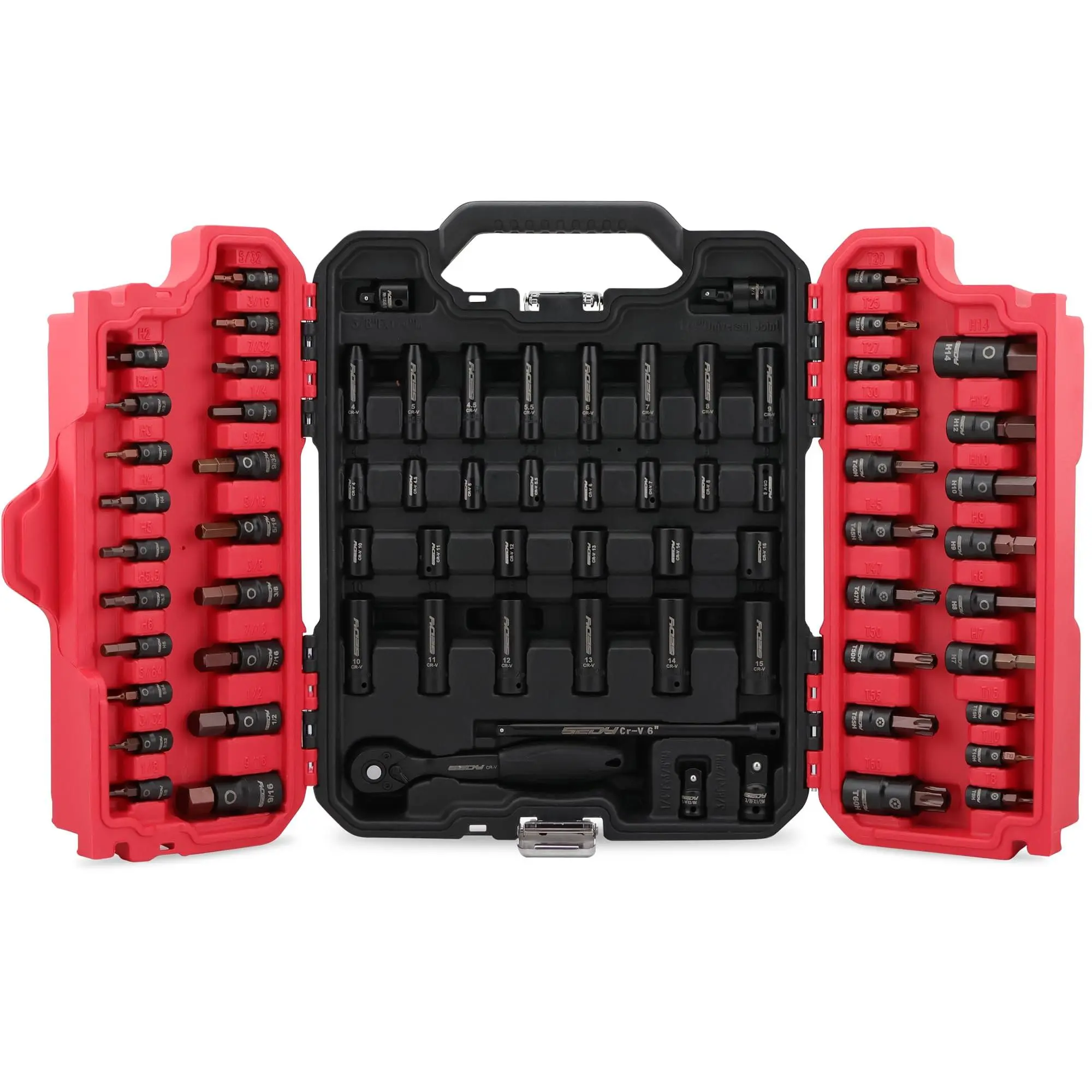73-piece Hex Torx Bit Impact Socket-Set, with Ratchet Handle, Adapters, Impact Universal Joint, and Extension Bars, Metric and SAE Organized Storage