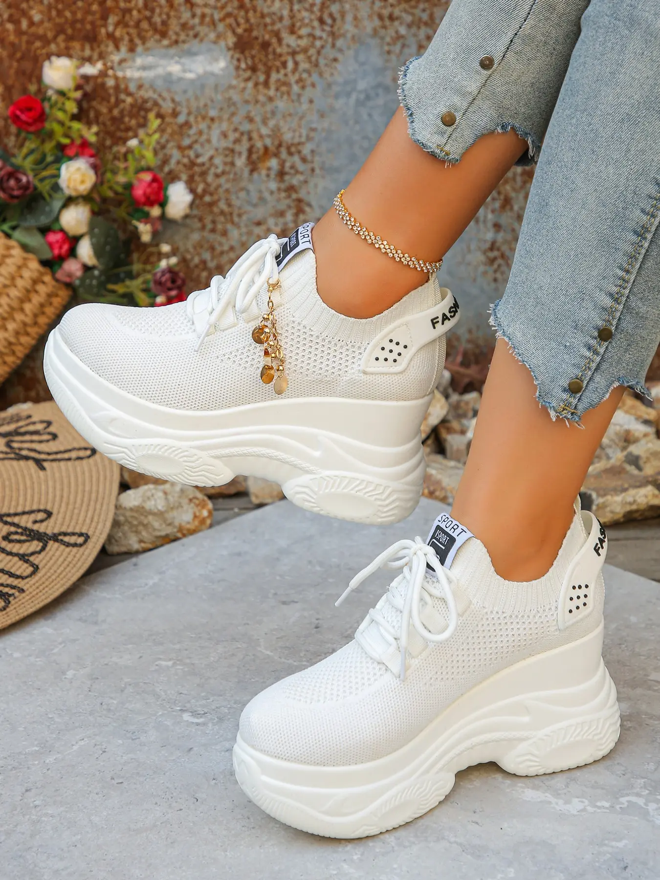 Women's Wedge Platform Casual Sneakers Removable Tassel Decor Breathable Hollow Flyknit Mesh Lightweight Non-Slip Slip On Shoes Petite Friendly Elegant Fashion All-Match Footwear Wedge Trainers