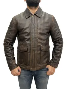 Men's IJ Jones Harrison Ford Brown Classic Vintage Real Leather Jacket with Pockets and Distressed Look