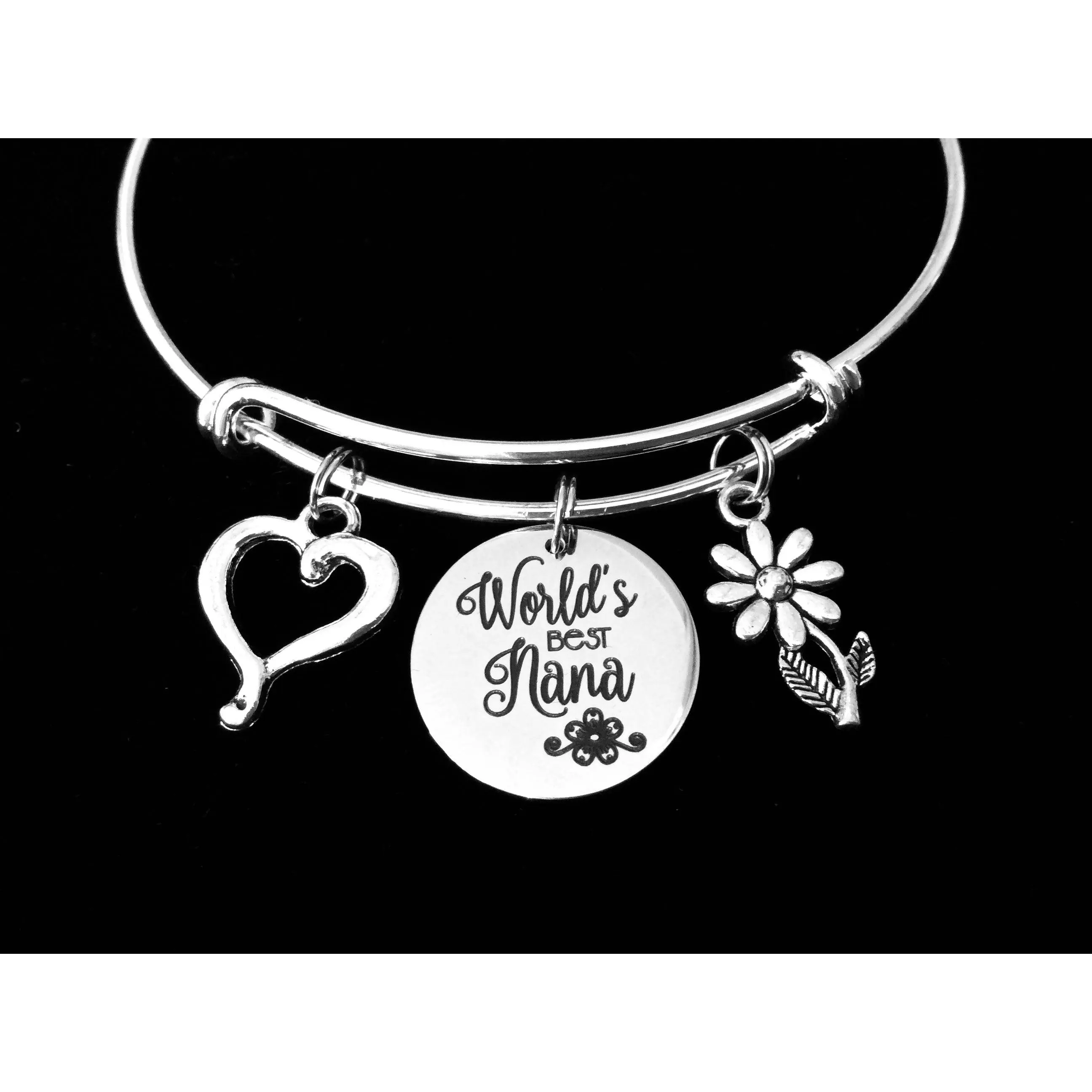 World's Best Nana Bracelet – Expandable Silver Charm Bangle with Daisy & Heart