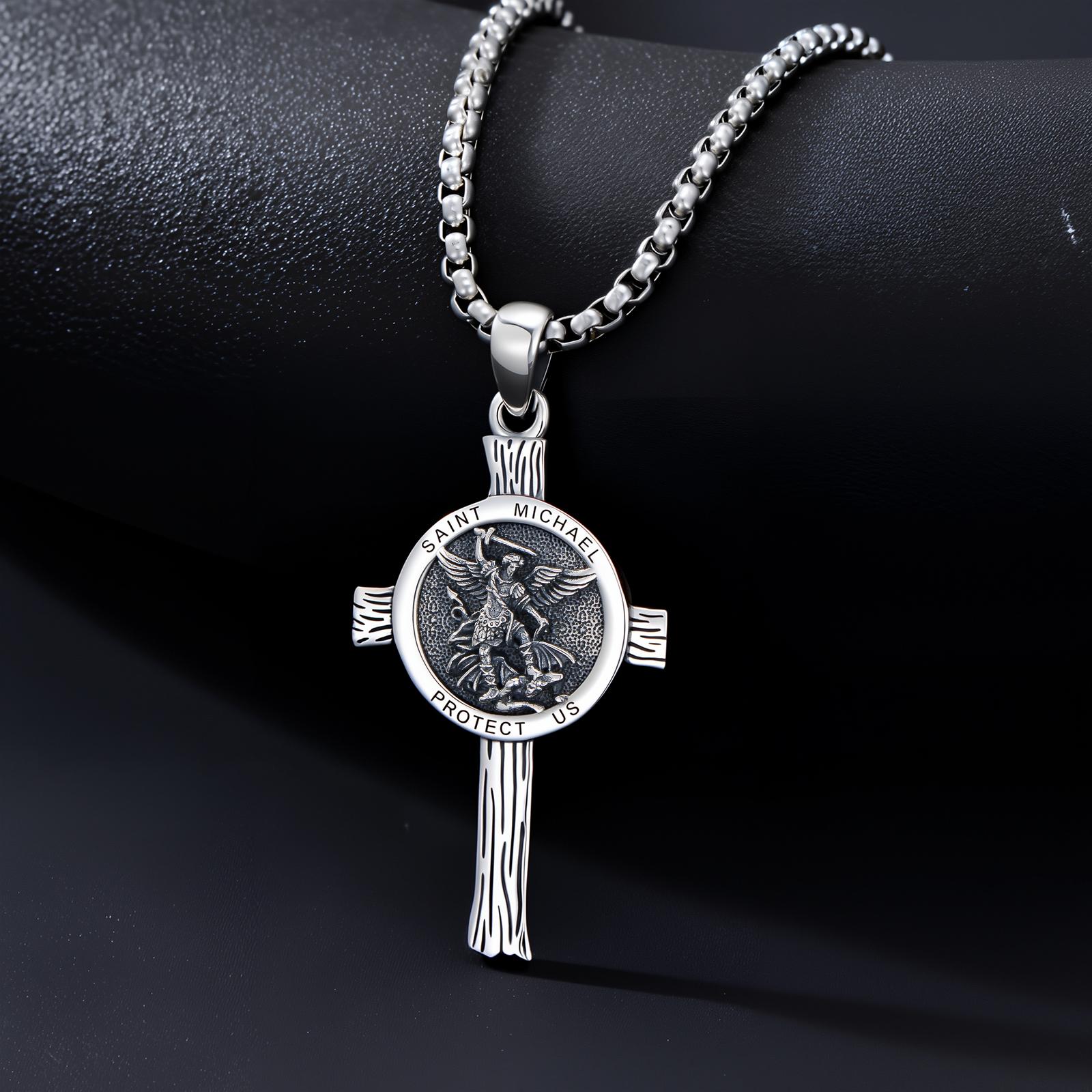 MEIDERBO Dream Chaser Saint Michael Cross Necklace for Men 925 Sterling Silver Oxidized Finish Archangel Protector Pendant Captain Steel Style Stainless Steel Bead Chain 22+2 Inch