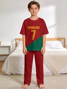 Cristiano Ronaldo No.7 Football Fan 2-Piece Boys' Digital Printed Short-Sleeve Pajamas with Long Pajama Pants, Stylish, Trendy, Casual, Comfortable and Soft Sleepwear Set, Suitable for Boys' Sleeping and Home Leisure, a Perfect Gift for Boys