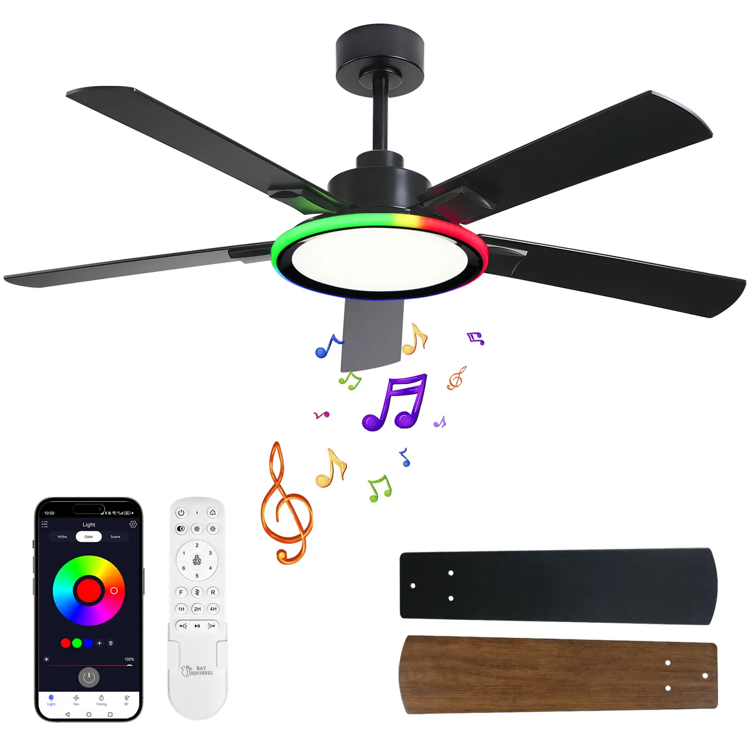52" Ceiling Fans with Lights, RGB Bluetooth Speaker Remote/App Control, 6-Speed Reversible Motor,Full-Spectrum Adjustable Lighting,Edge Ambient Lights