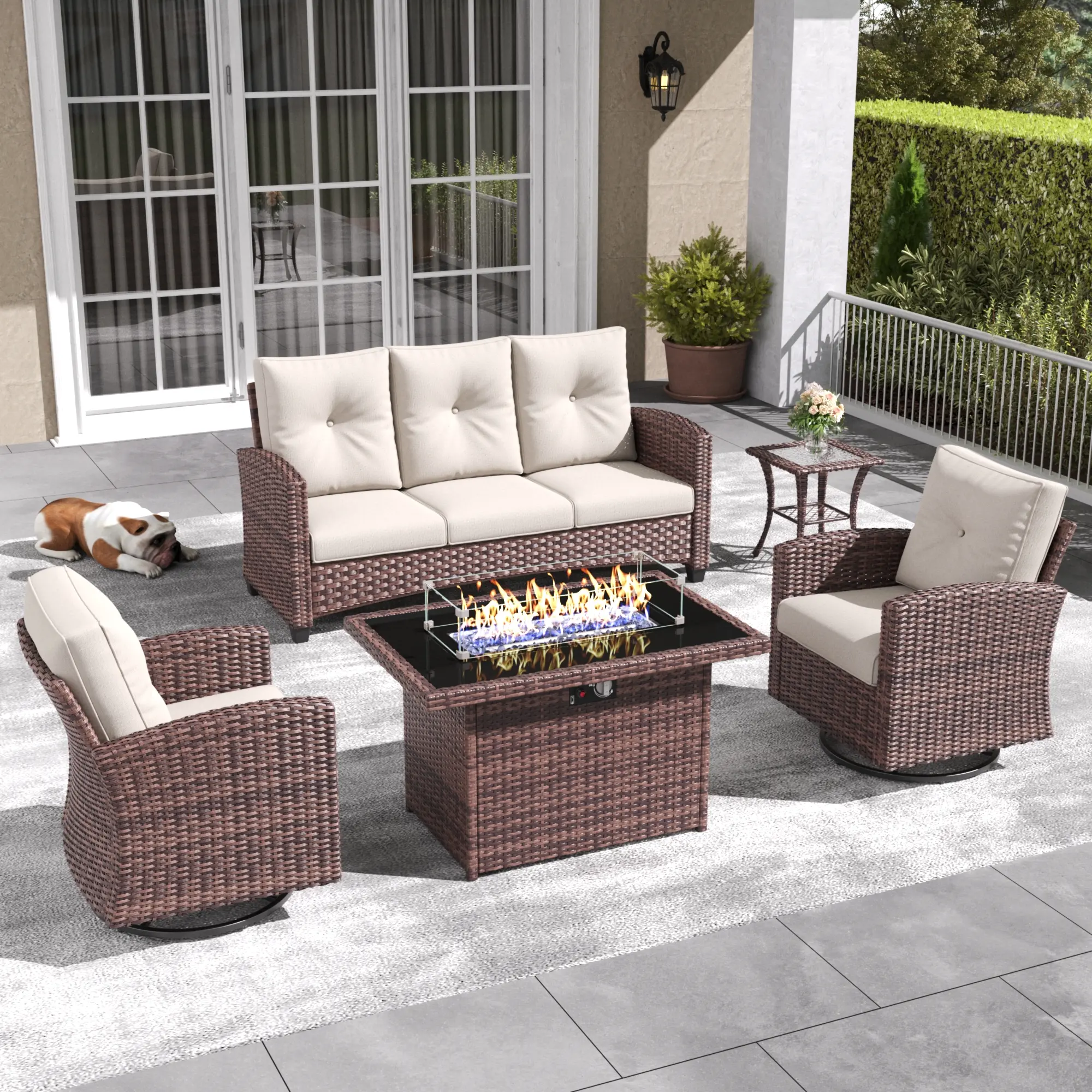 【5 Packages Shipping】LayinSun 5 Pieces Patio Furniture Set with Swivel Chairs, Rattan Wicker Rocking Glide Chairs with 44" Propane Gas Fire Pit Table Conversation Set