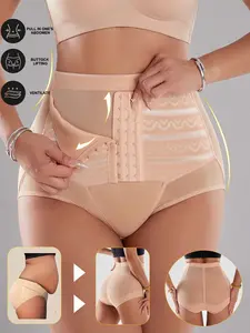 1pc High Waist Shapewear Panty For Women, Breathable Polyester Spandex Fabric, Front Hook Closure, Striped Mesh Lift Tummy Control Tight Underwear, Medium Stretch, Waist Shaping, Comfortable Daily Wear, Elegant Lingerie, Front Clasp Safety Shaping Panty,