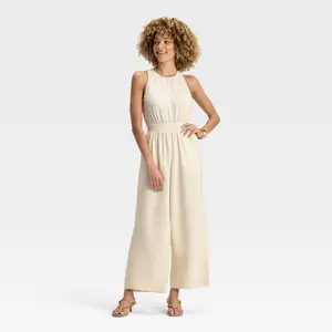 Women's Modern Gauze Jumpsuit - A New Day Overalls Fabric 88% Rayon 12% Nylon Lightweight Woven Sleeveless Side Zipper Crew Neck Garment